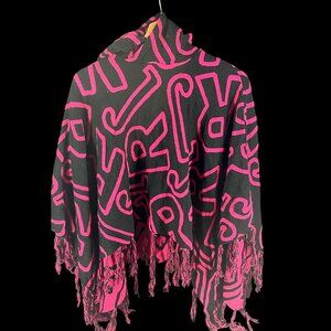 John Richmond Black & Pink Hooded Poncho Scarf With Fringes Made in Italy